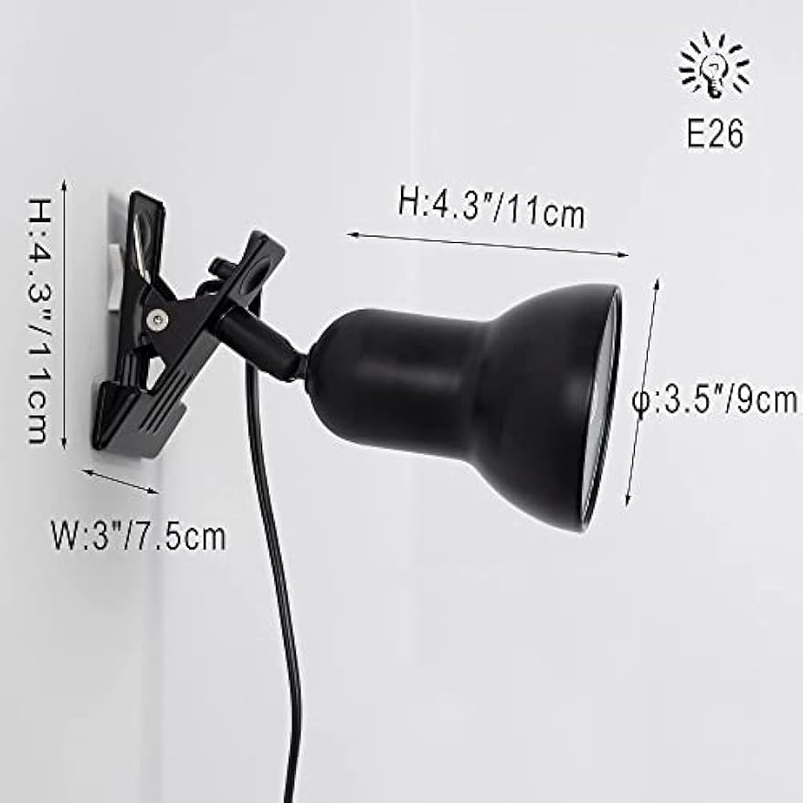 Kiven Clip on Lamp with Clamp Base and Adjustable Light Arm, Dimmable Desk Lamp with Timing Setting for Paintings, Bedside, Reading, E26 Socket(Bulb Not Included),Black Finsh