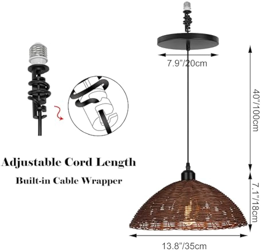 Kiven Instant Light Conversion Kit for 4/5/6inch Hole,Rattan Farmhouse Lighting Recessed Can Light Conversion Kit to Pendant with E26 Screw-in Adapter for Kitchen Island Living Hallway