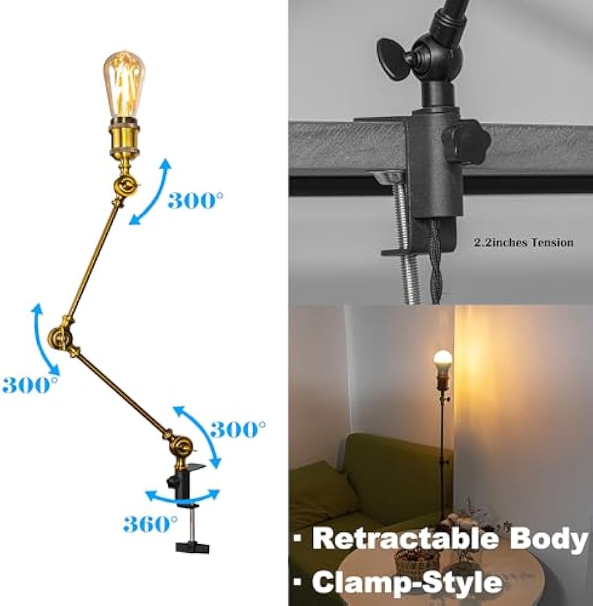 Kiven Industrial Clip-on Desk Lamp, 1-Light Iron Nightstand Lamp with Flexible Arm, 8.2FT Plug in Cord, Decorative Clamp Lamp for Office Home Bookshelf Bedside E26 Sokcet,Gold