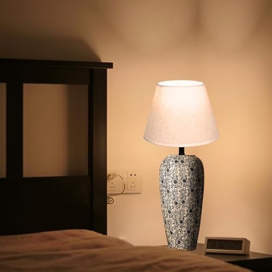 Kiven Cordless Table Lamp, Dimmable LED Vase Lamps with Fabric Lampshade, Classic Cottage Ambient Light, 1-Light Rechargeable Nightstand Lamp for Office Bookcase Bedside TD1015A