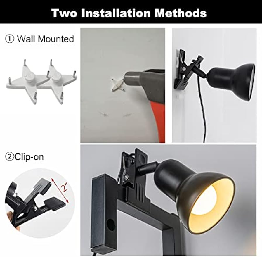 Kiven Clip on Lamp with Clamp Base and Adjustable Light Arm, Dimmable Desk Lamp with Timing Setting for Paintings, Bedside, Reading, E26 Socket(Bulb Not Included),Black Finsh