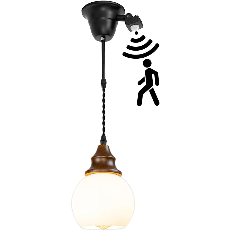 3.2ft Adjustable Cord H-Type Motion Sensor Track Pendant Light E26 Walnut Base White Glass Ball Shade Hanging Light Vintage Decor for Kitchen Home Office 1 Pcs(No Bulb, Track)