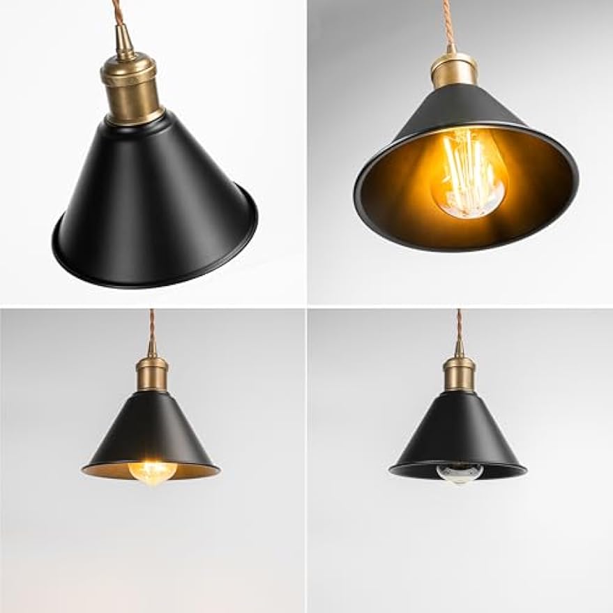 Vintage black pendant light with brass accents. E26 base, adjustable cord ceiling fixture for kitchen, bedroom, or office.