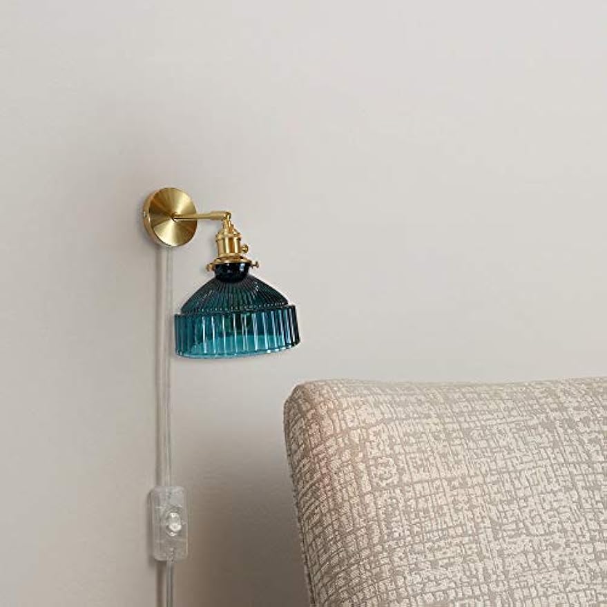 Kiven Nordic Creative Style Wall Sconces with 5.9Ft UL Plug-in Button Transparent Cord E26 Lamp Base Dark Green Lampshade Copper Base Wall Light Fixtures for Bedroom Dorm Hotel Bulb Not Included