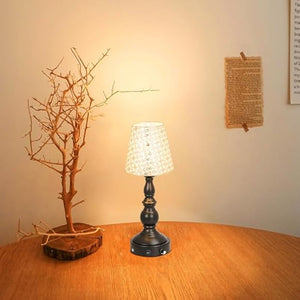 Kiven Cordless Table Lamp with patterned shade and black base, warm white light, on a wooden table, perfect for home decor.