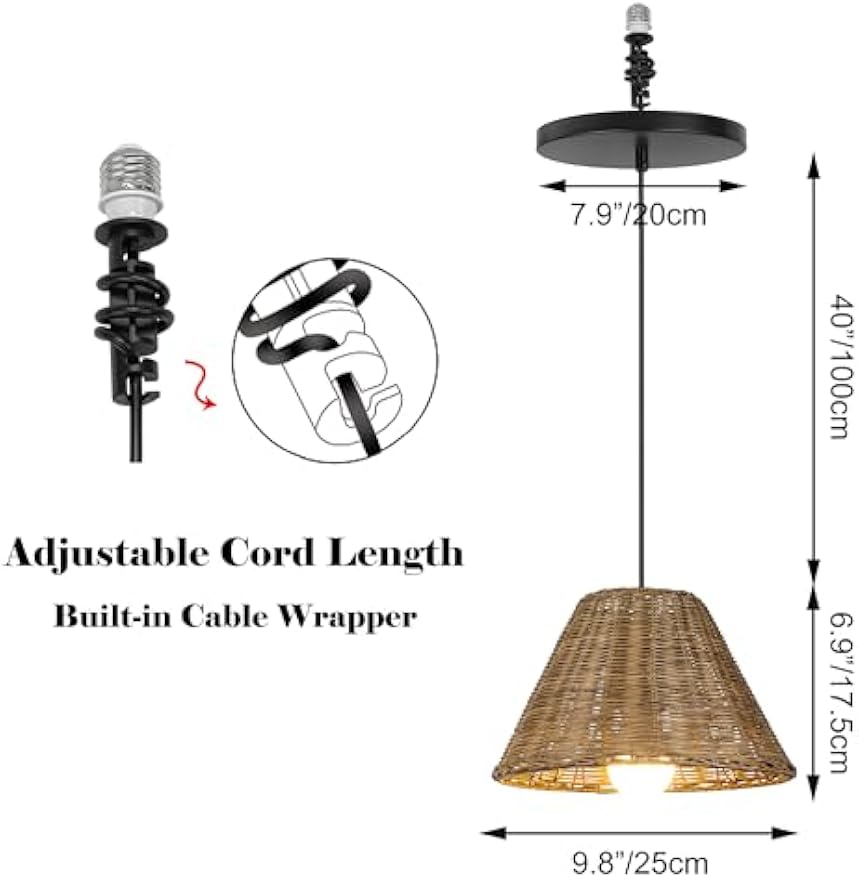 Kiven Rattan Pendant Light with E26 adapter, adjustable cord, ideal for recessed lighting conversion, farmhouse style
