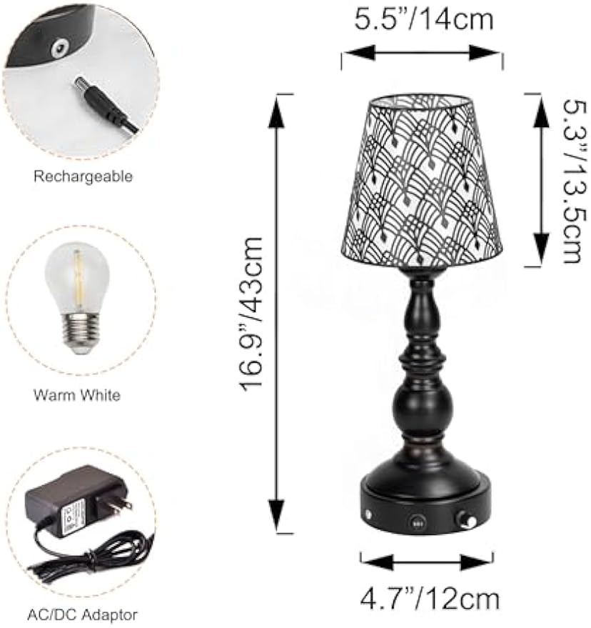 Kiven Cordless Table Lamp,Dimmable Rustic Farmhouse Bedside Desk Lamps with Metal Lampshade,2700K Warm White, Rechargeable Nightstand Lamp for Office Home Decor Bedside DZ0474