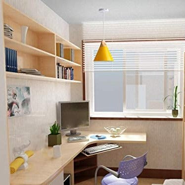 Yellow macaron pendant light above home office desk; remote control and sensor options, customizable lighting
