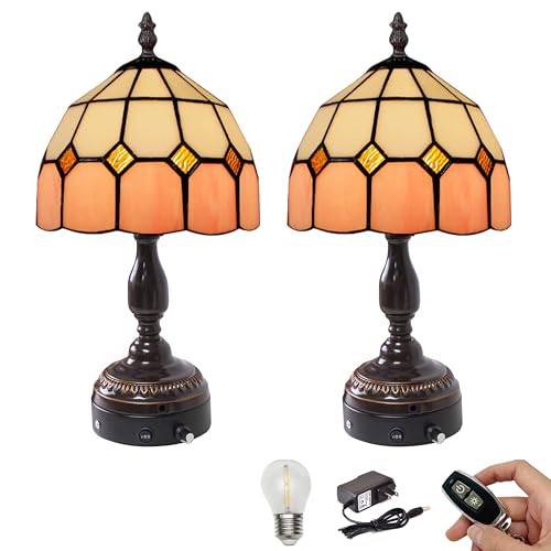 Kiven Cordless Table Lamp, Dimmable Bedside Lamps for Nightstand with Pink Glass Lampshade, Tiffany-Style Rechargeable Desk Lamp for Reading Home Decor Bedside,Set of 2