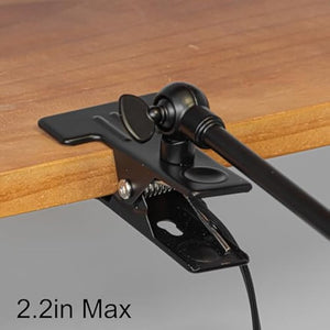 Kiven clip-on desk lamp detail: Black metal clamp, flexible arm, 2.2in Max, perfect for office or nightstand lighting.