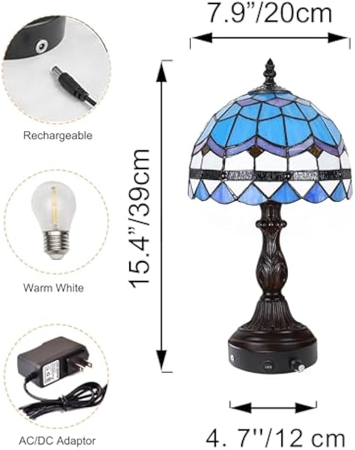 Kiven Cordless Table Lamp,1-Light Dimmable Bedside Lamps for Nightstand with Pink Glass Lampshade, Tiffany-Style Rechargeable Desk Lamp for Reading Home Decor Bedside TD0768