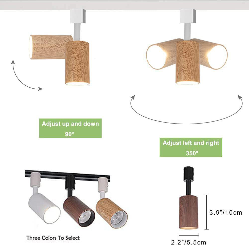 Adjustable wood track head light, 350° rotatable, 90° tilt, available in three colors, ideal for accent lighting.