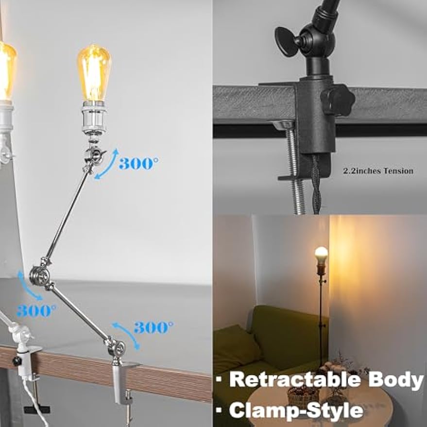 Kiven Industrial Clip-on Desk Lamp, 1-Light Iron Nightstand Lamp with Flexible Arm, 8.2FT Plug in Cord, Decorative Clamp Lamp for Office Home Bookshelf Bedside E26 Sokcet,Silver