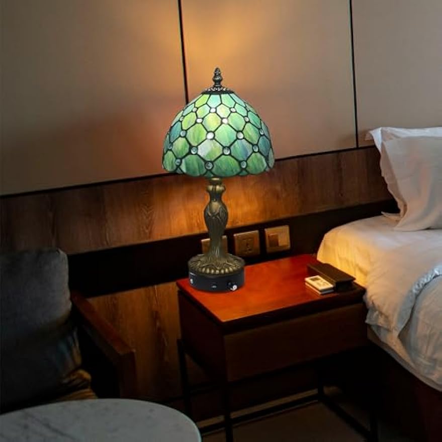 Kiven Cordless Table Lamp,1-Light Dimmable Bedside Lamps for Nightstand with Glass Lampshade, Cordless Tiffany Lamp for Reading Home Decor Bedside TD0901