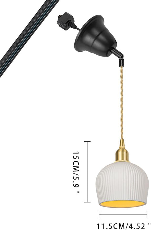 White ceramic pendant light with adjustable cord, featuring a ribbed shade, perfect for sloped position track lighting.