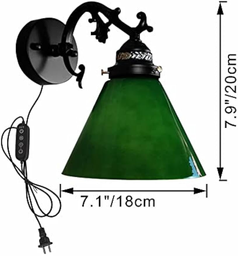 Kiven Plug in Wall Lamp,Green Industrial Wall Sconce with Glass Lampshade, 5.9ft Plug-in Cord, On/Off Switch, 1-Light Dimmable Wall Lights Fixtures for Bedside Reading E26 Base