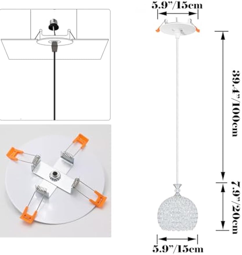 Kiven Crystal Can Lights Retrofit Pendant Light, with dimensions, suitable for 4/5 inch hole, farmhouse style lighting.