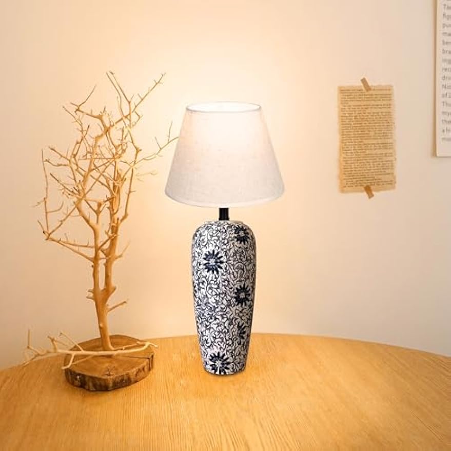 Kiven Cordless Table Lamp, Dimmable LED Vase Lamps with Fabric Lampshade, Classic Cottage Ambient Light, 1-Light Rechargeable Nightstand Lamp for Office Bookcase Bedside TD1013A
