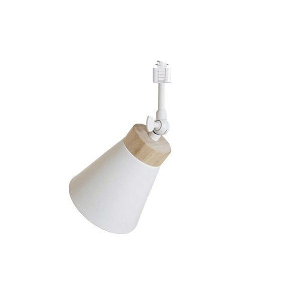 Modern track pendant light head with white finish and wood accent, adjustable for kitchen, bedroom, or dining room lighting.