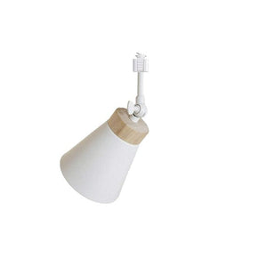 Modern track pendant light head with white finish and wood accent, adjustable for kitchen, bedroom, or dining room lighting.