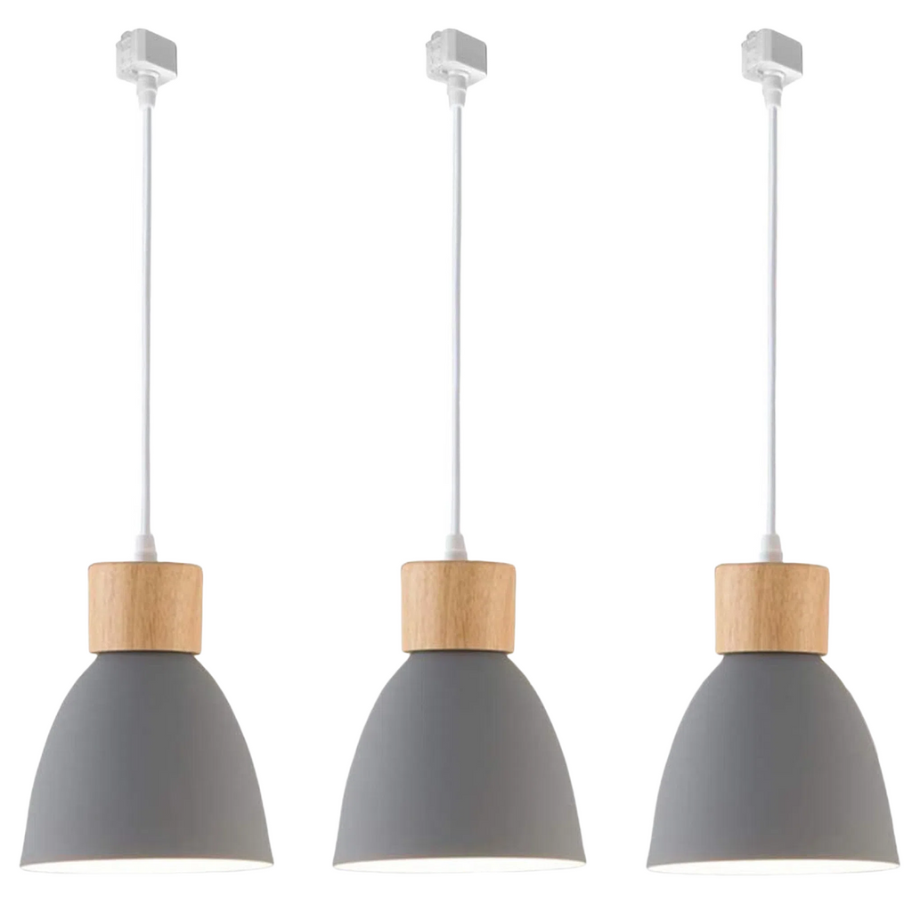 Macaron Track Pendant Lights in Grey with Wood Accent from Kiven Lighting.