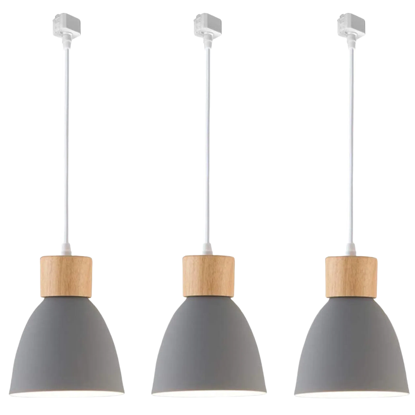 Macaron Track Pendant Lights in Grey with Wood Accent from Kiven Lighting.