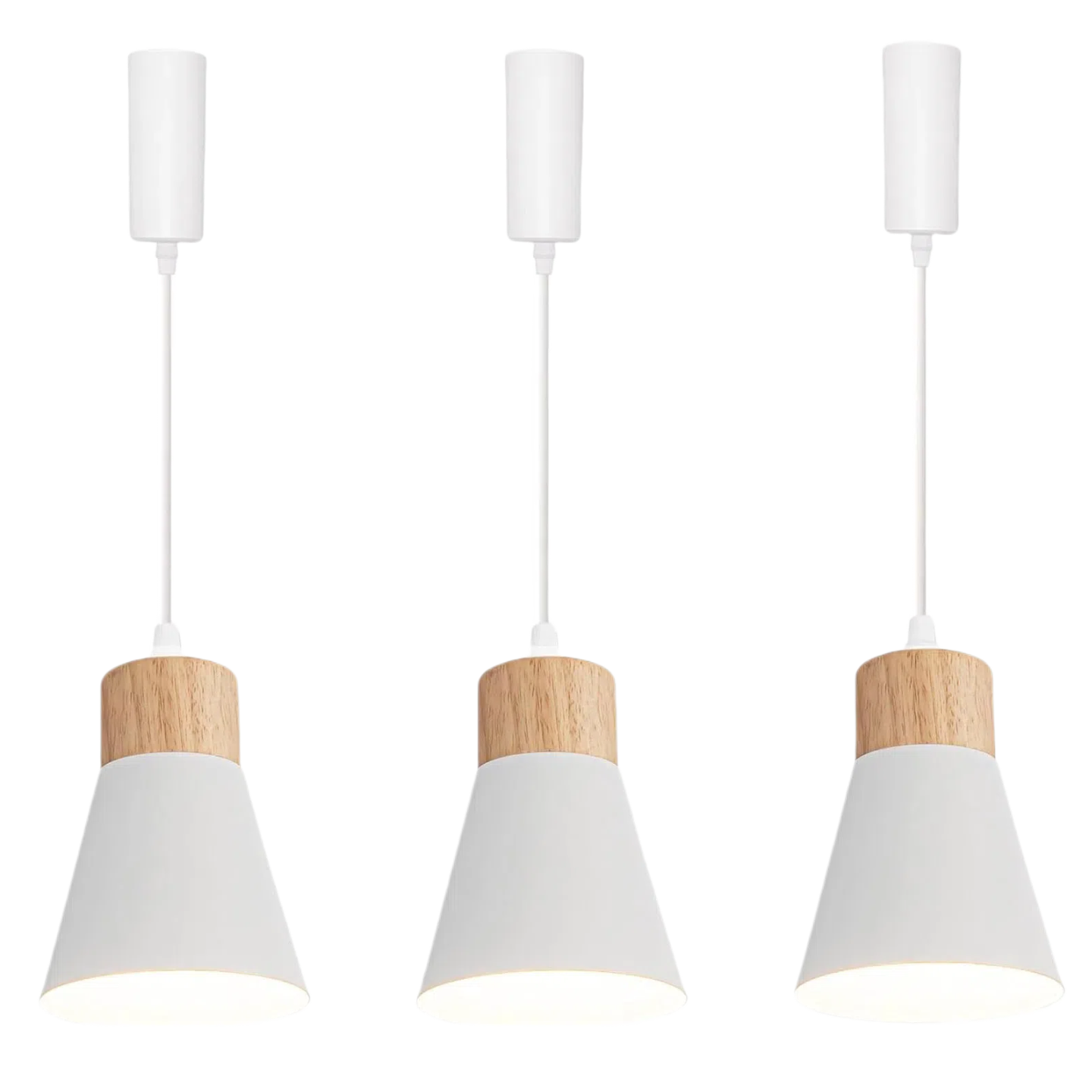 Modern white pendant lighting with wood base and metal shade, ideal for kitchen, dining room, or living room lighting.