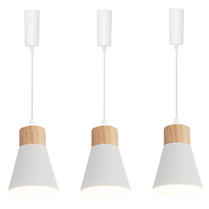 Modern white pendant lighting with wood base and metal shade, ideal for kitchen, dining room, or living room lighting.