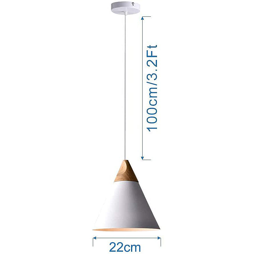 White cone pendant light, wood top, 22cm x 100cm/3.2Ft, customizable smart bulb.  Ideal for home and business spaces.