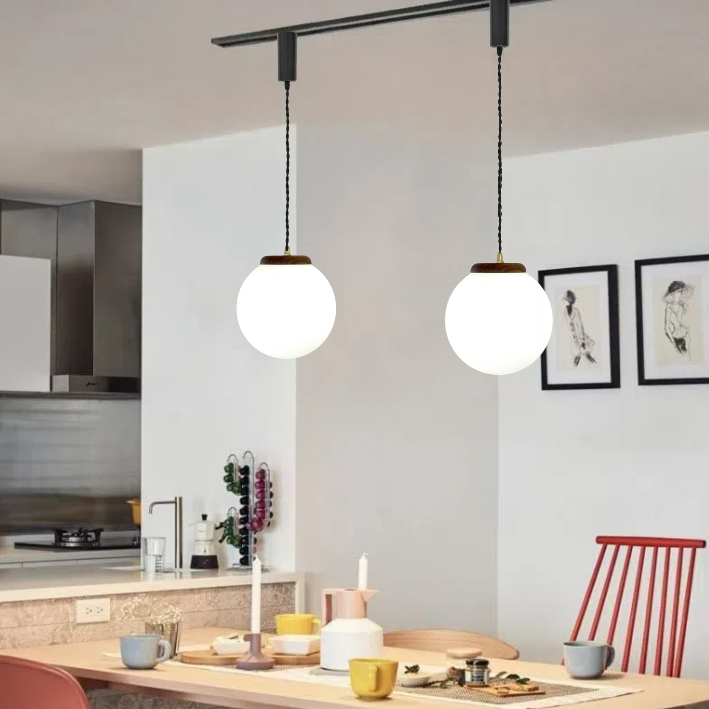 Dimmable H-Type Track Lighting Pendants, White Frosted Glass Shade Globe Shape, 3.2 ft Cord Wood Finished E26 Socket Restaurant Kitchen Island Customizable