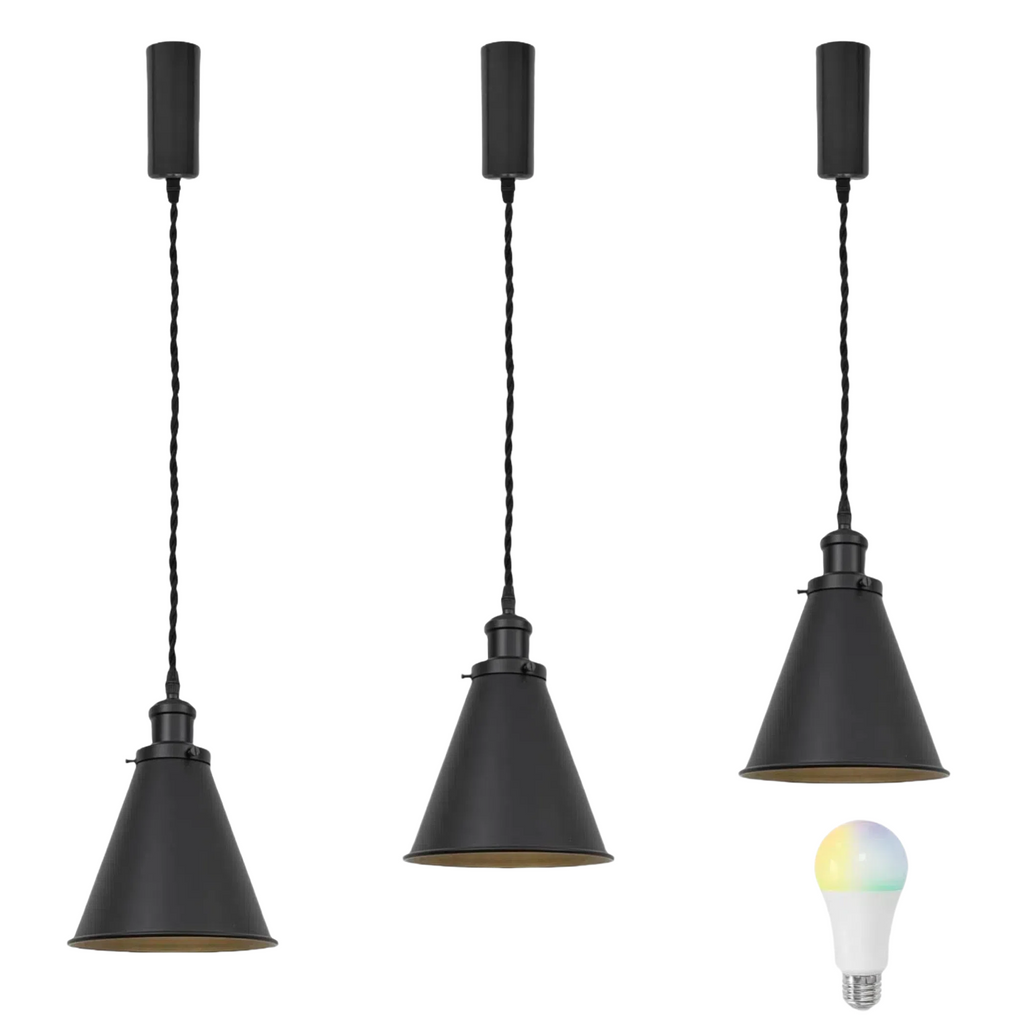 Black Cone Shade Retro Track Lamp with RGB Dimmable LED Bulb. Vintage-style pendant lighting for home and commercial spaces.