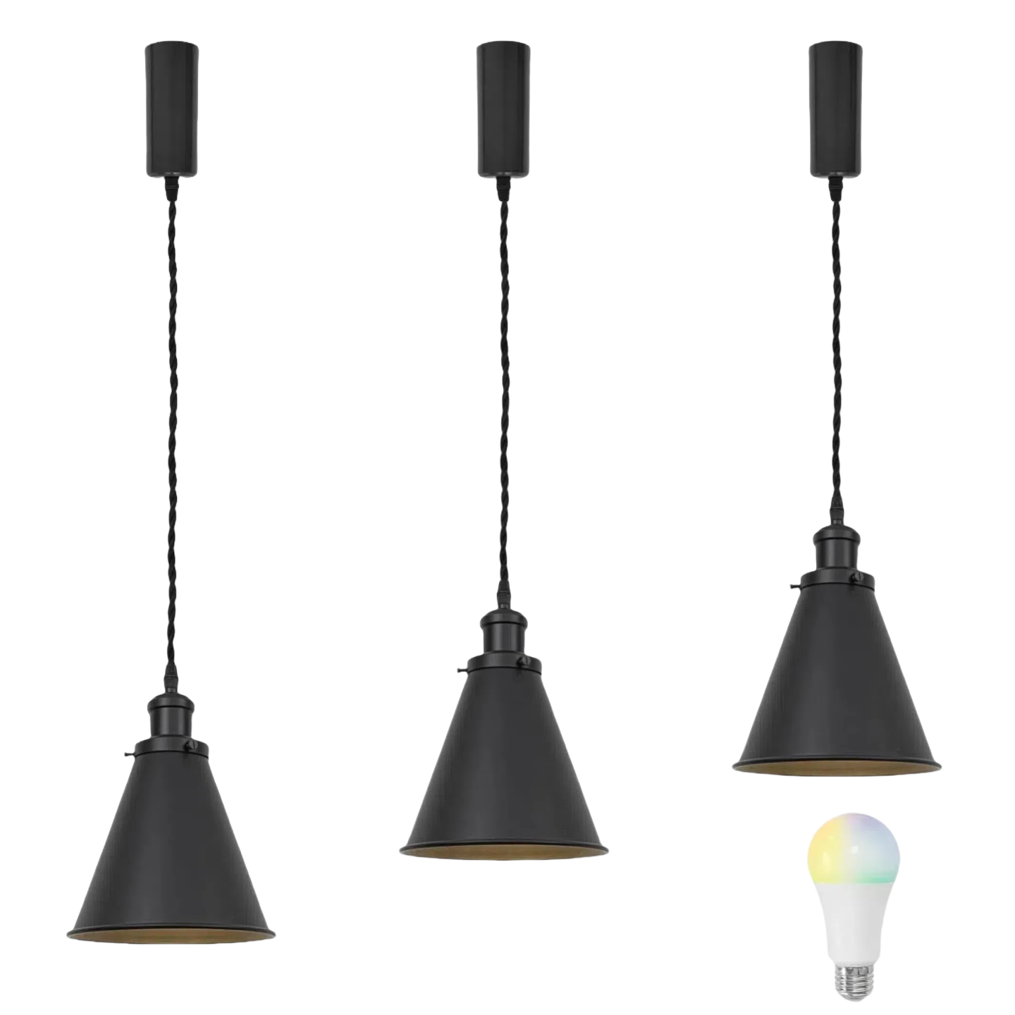 Black Cone Shade Retro Track Lamp with RGB Dimmable LED Bulb. Vintage-style pendant lighting for home and commercial spaces.