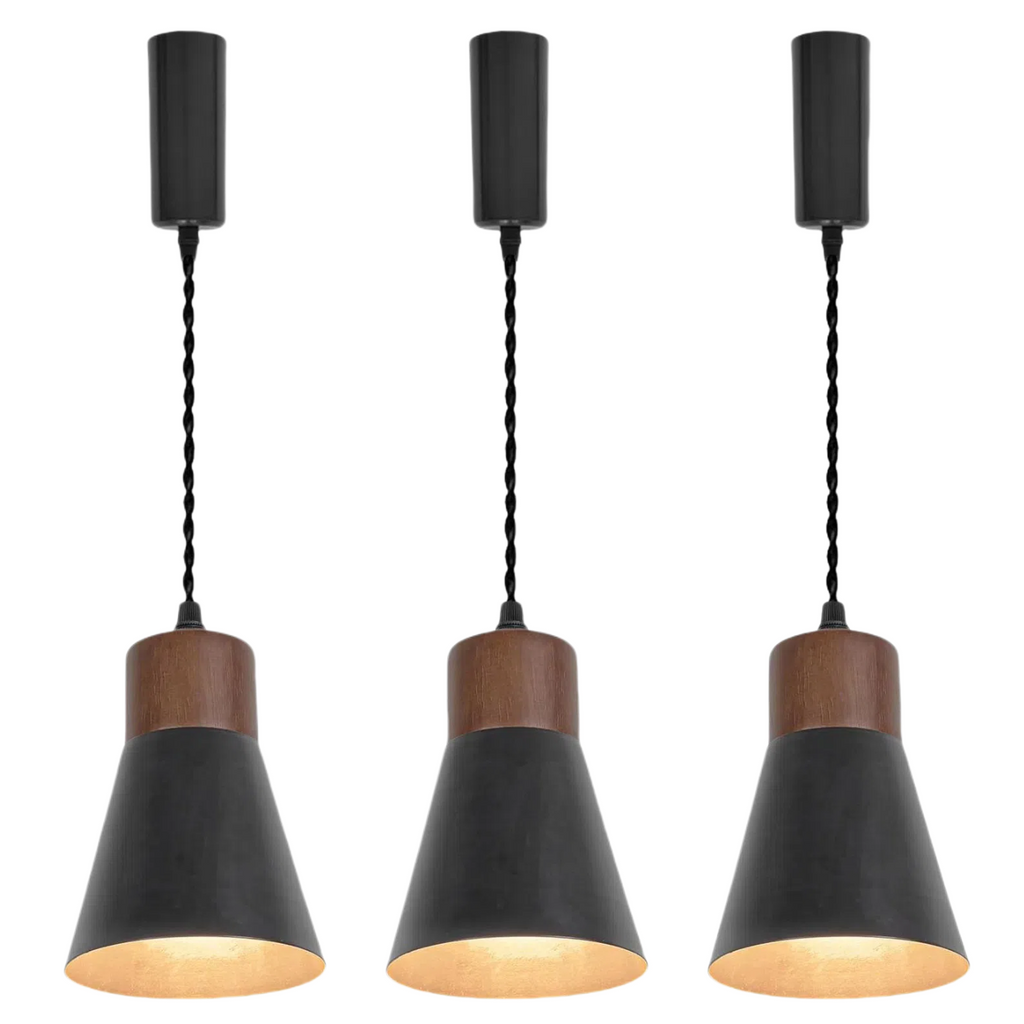 Retro pendant track lighting with black metal shades and wood base, perfect for kitchen or dining room.