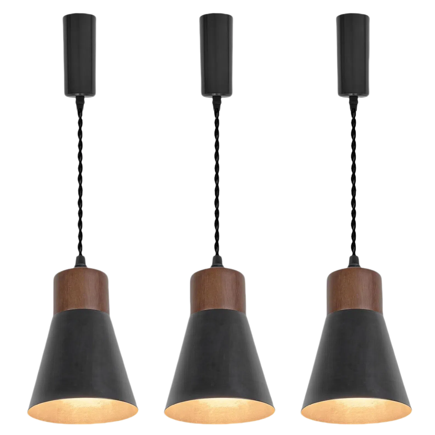 Retro pendant track lighting with black metal shades and wood base, perfect for kitchen or dining room.