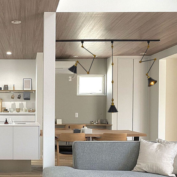 Black and bronze adjustable track lighting, vintage design, provides focused lighting in a modern interior