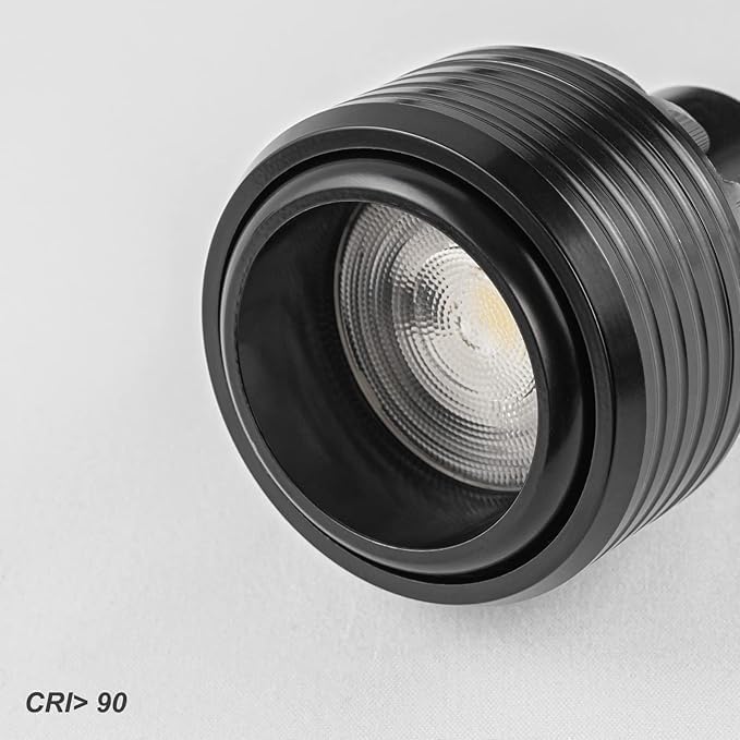 Close-up of black track spotlight with CRI>90, ideal for focused illumination in wall painting or rental house settings.