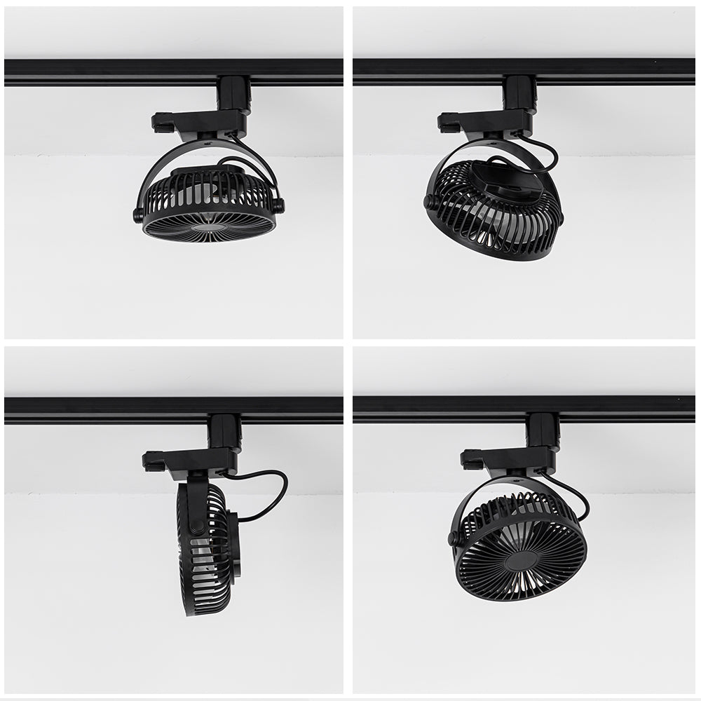 Black track ceiling fan with remote control, ideal for kitchens, closets, and plant cooling. Adjustable angle.