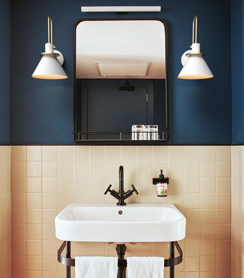 Modern white gooseneck LED wall sconce, dimmable, ideal for bathroom or vanity lighting, battery operated.