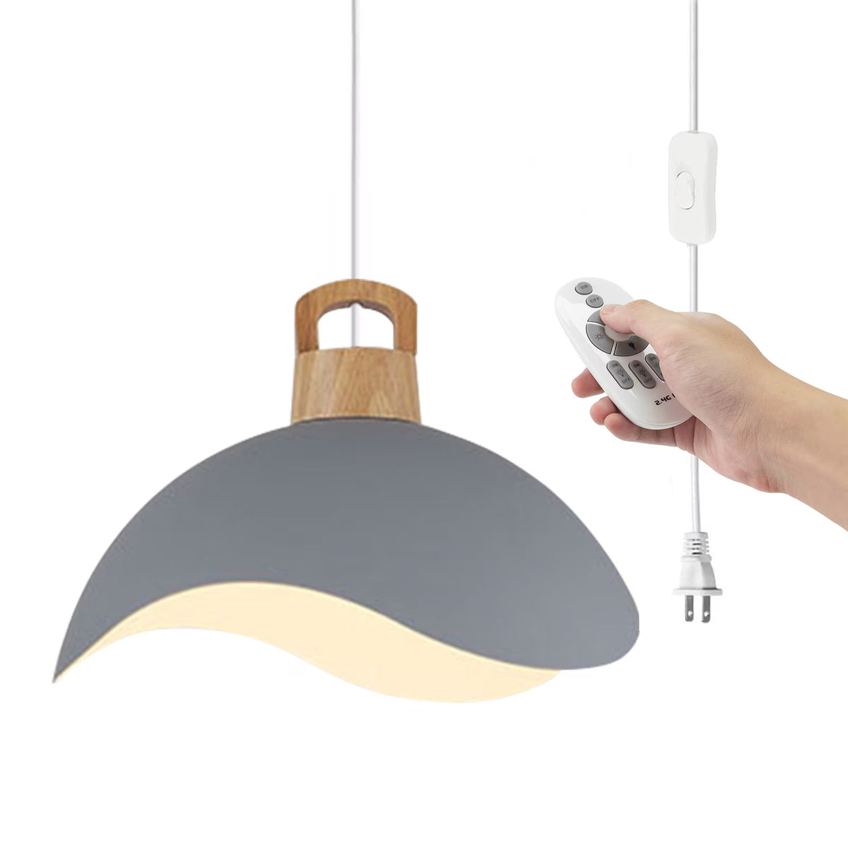 Kiven Modern Plug-in Pendant Light with Wavy Shade & Wood Top, Dimmable Hanging Cord Light