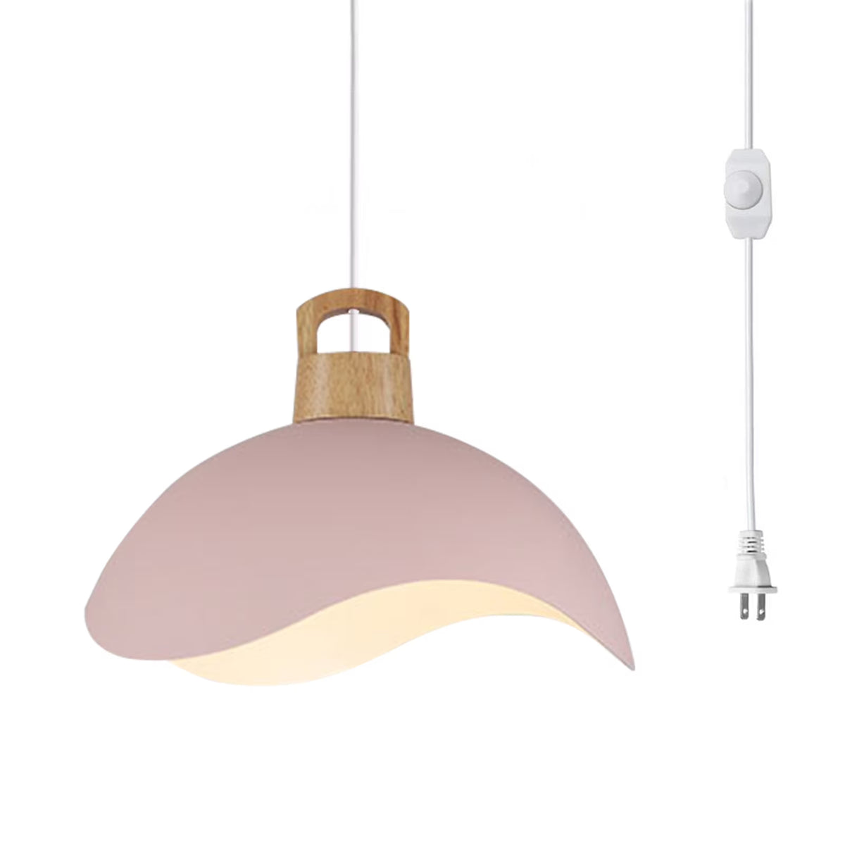 Kiven Modern Plug-in Pendant Light with Wavy Shade & Wood Top, Dimmable Hanging Cord Light