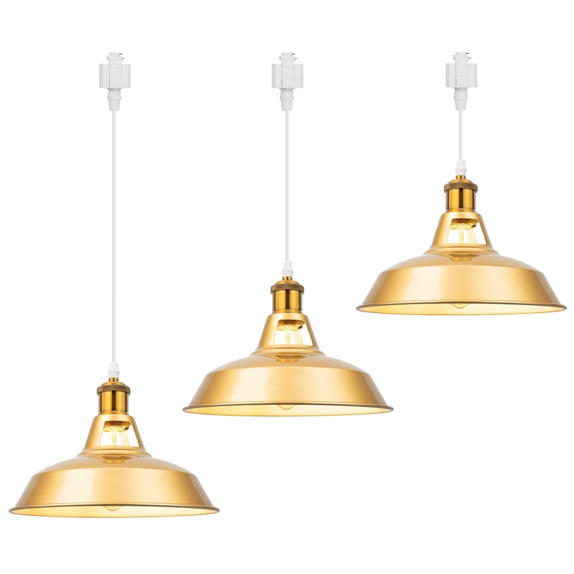 Set of 3 brushed brass industrial track pendant lights with white cords and track adapters, matching vintage dome hanging lamps for kitchen island counter lighting