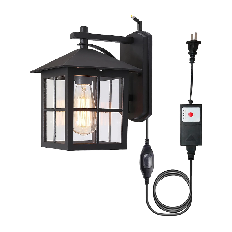 Kiven Plug-in Wall Sconces Clear Beveled Glass Industrial Exterior Wall Lantern Outdoor Timer Adjustable Photocell Combo with UL Waterproof Switch Cord Dusk to Dawn Setting for Porch
