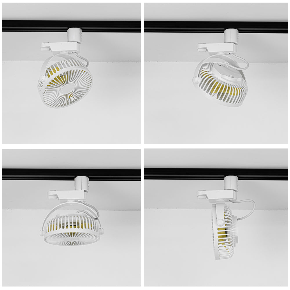 White track ceiling fan with adjustable angle design, perfect for air circulation in kitchens and bedrooms.