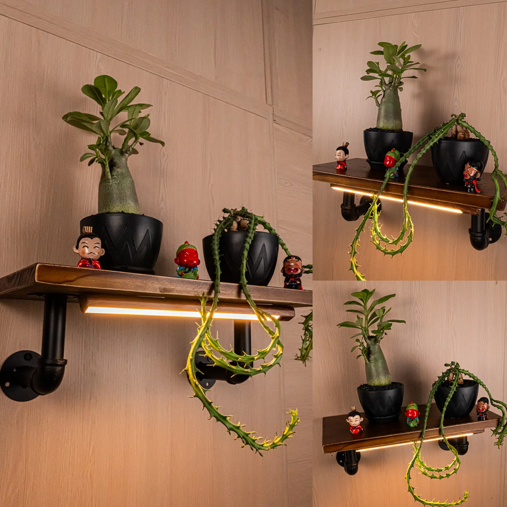 Touchless switch, rechargeable dimmable lamp, industrial-style pipe wall shelf decorative single-line solid wood shelf / wall-mounted shelving rack.