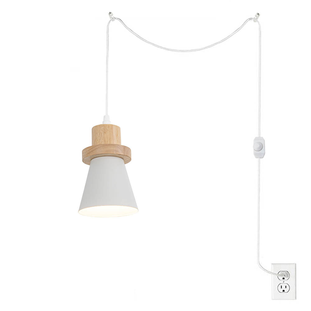 Dimmable plug-in pendant light with white shade and wood base. Simple design for kitchen, bedroom, or restaurant.