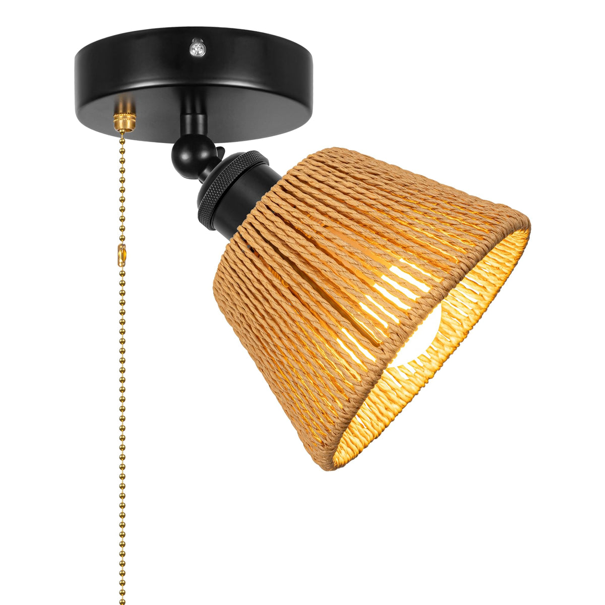 Adjustable Light, Zipper Switch 12V RV Industrial Woven Natural Boho Rattan Cover, E26 Socket Semi Flush Mount Interior Lighting Decorative for Boat Camper Hallway