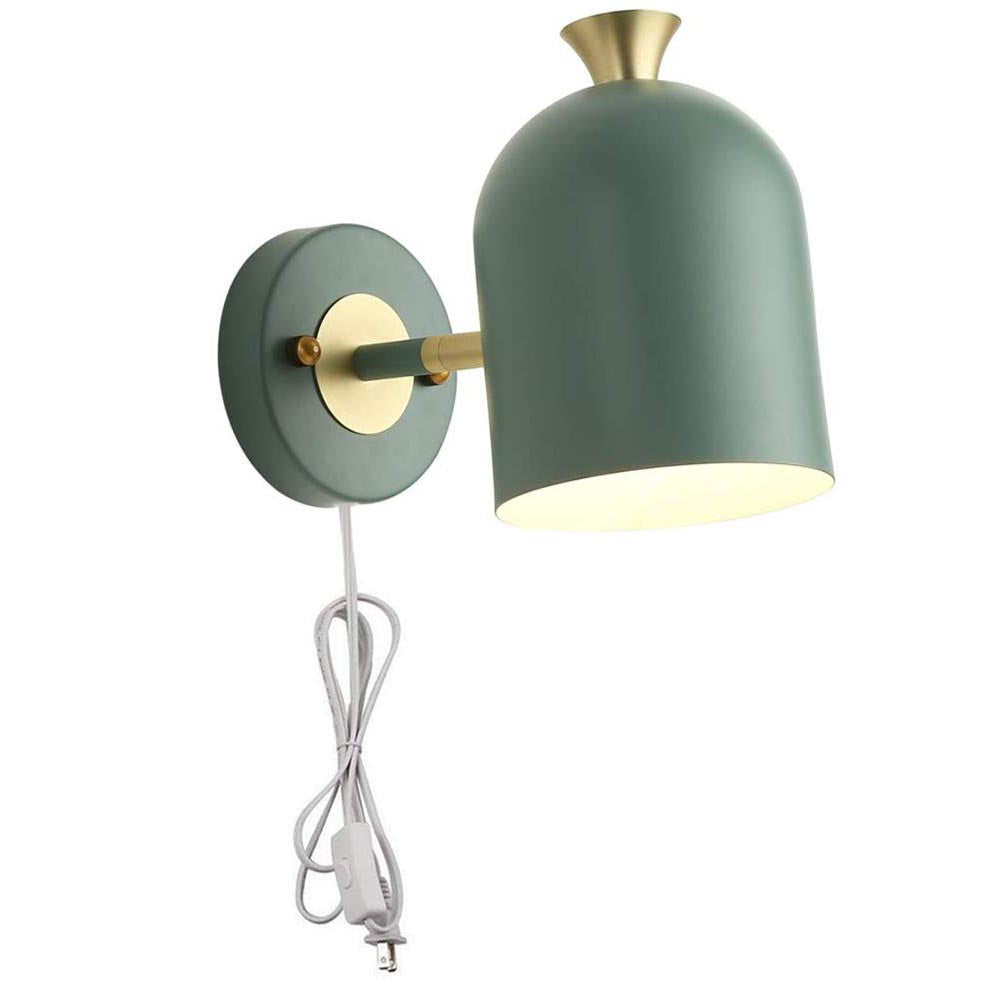 Green mid-century modern wall sconce with brass accents, plug-in design, perfect for modern decor.