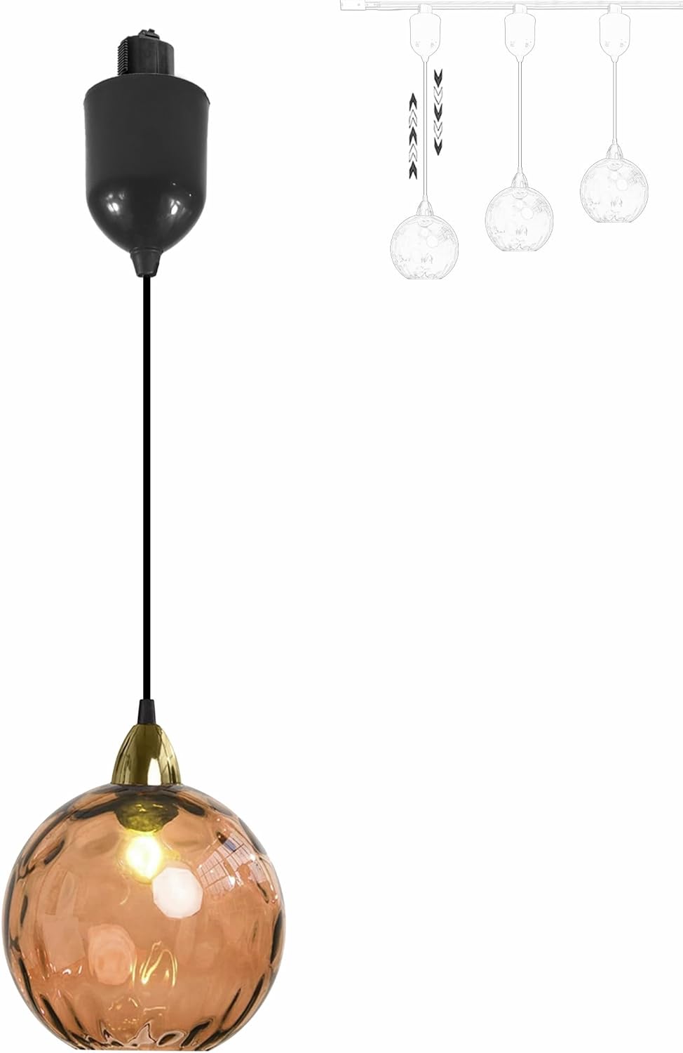 Adjustable Height Juno Track Lighting Pendants, 4 ft Cord, J-Type Dimmable Vintage Metal E26 Socket Chandeliers Orange Hammered Glass Globe for Bar 3 Lights Kitchen Ceiling