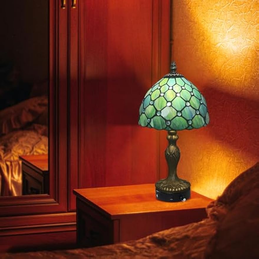 Kiven Cordless Table Lamp,1-Light Dimmable Bedside Lamps for Nightstand with Glass Lampshade, Cordless Tiffany Lamp for Reading Home Decor Bedside TD0901