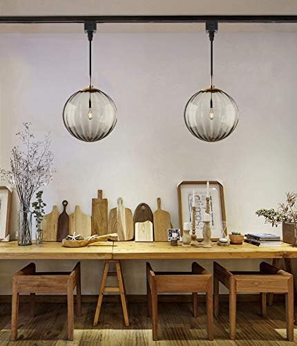 Kiven H-Type Track Light with 3.2ft Black Cord Nordic Creative Style Grey Glass Lampshade E26 Lamp Socket Track Pendant Light for Bedroom Living Room Loft Cafe Room (Bulb and Track Rail Not Included)